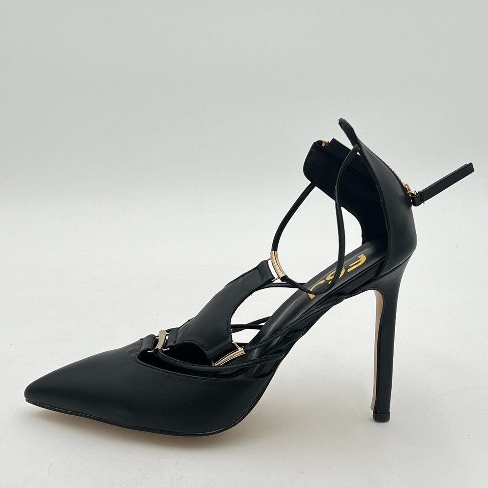 FSJ Black Women  Charm Sandals High Heels Pointed Closed Toe Pumps Back Zipper